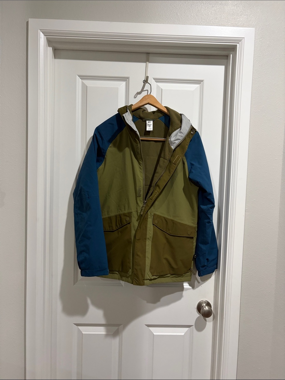REI Olive Green & Blue Kids' Hooded Rain Jacket